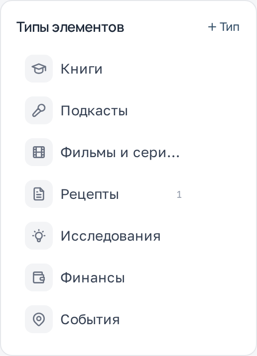 Панель «Типы элементов»